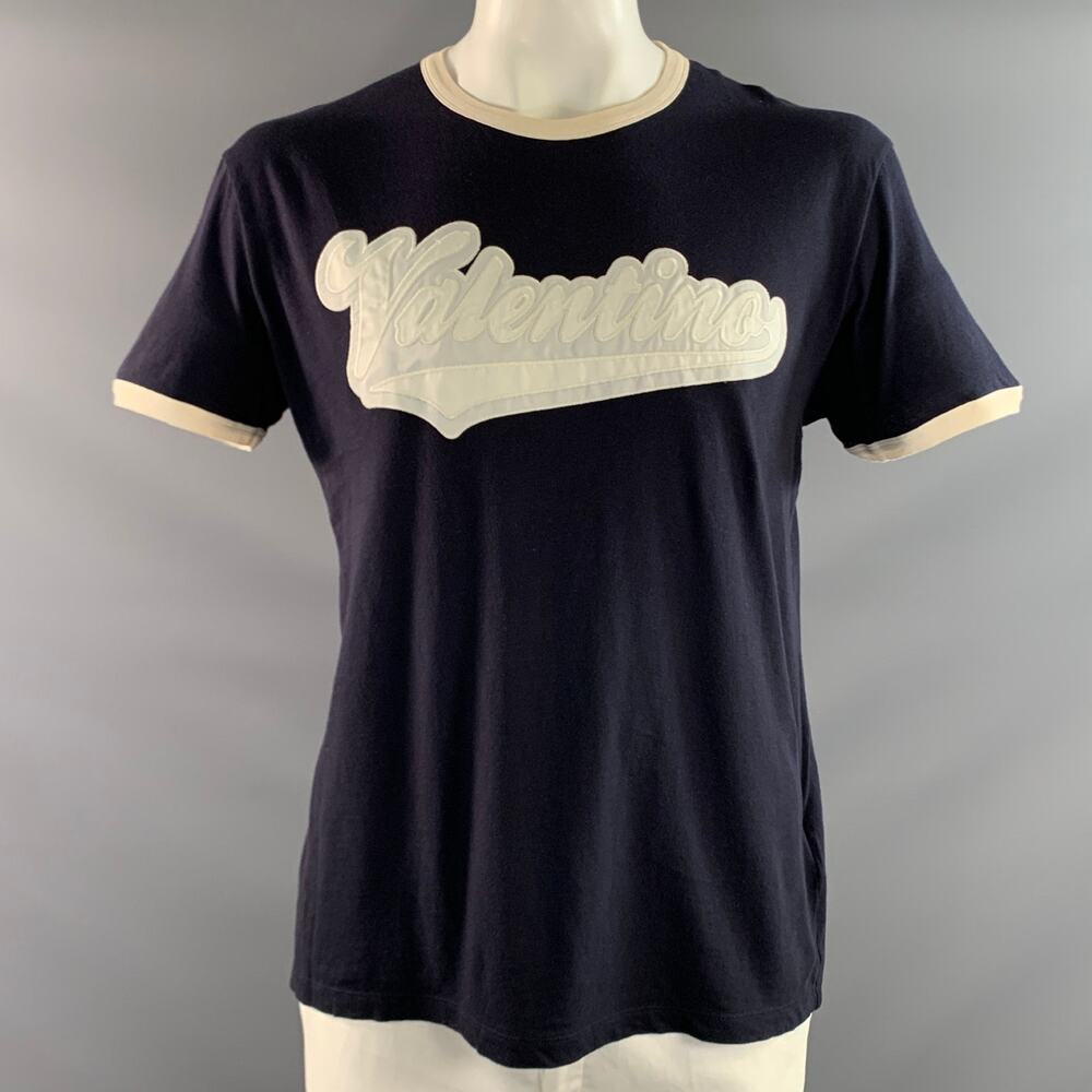 VALENTINO Size XL Navy White Logo Cotton Crew Neck T Shirt